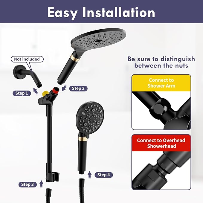 HOWUWEY Filtered Dual Shower Head with Handheld Spray Combo for Hard Water, 7.5-inch Modern High Pressure Shower Head with 9-mode Handheld and Filter, 79-inch Hose (Filtered, Matte Black)