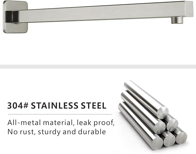 Voolan 20" Square Shower Arm with Flange and Teflon Tape, Extension Shower Head Arm for Bathroom Fixed Shower Head, Solid Stainless Steel, Wall Mounted (Brushed Nickel)