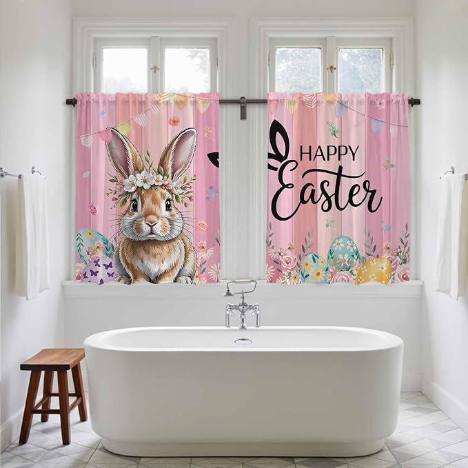 Easter Tier Curtains, Spring Rabbit Eggs Flowers Flags Leaves Wood Grain Light - Image 5