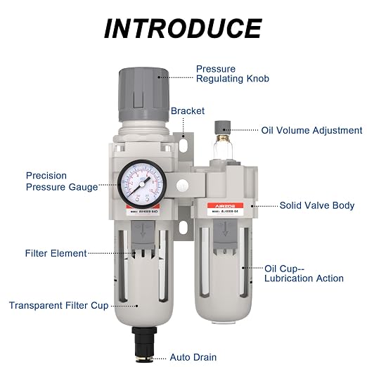 1/2" NPT Compressed Air Filter Regulator Lubricator Combo, Air Compressor Water - Image 3