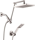 BRIGHT SHOWERS High Pressure Rain Shower Head Combo with Double Extension Arm, 8 Inch Rainfall Shower Head with Handheld Spray, Height Adjustable Dual Square Showerhead Set, Brushed Nickel