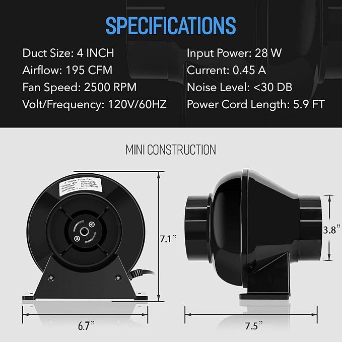 iPower 4 Inch 195 CFM Inline Fan Circulation Exhaust Blower, Air Carbon Filter - Image 5