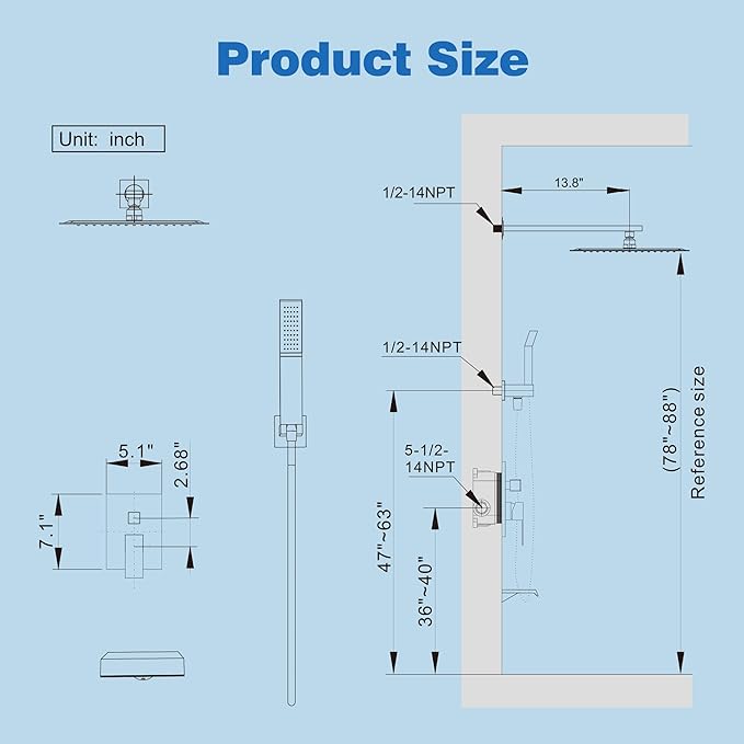 Shower System with Tub Spout, All Metal Tub Shower Faucet Set with 12'' Rain shower heads and handheld spray combo,Wall Mounted Tub Shower Systems with Valve and Trim Kit, Matte Black