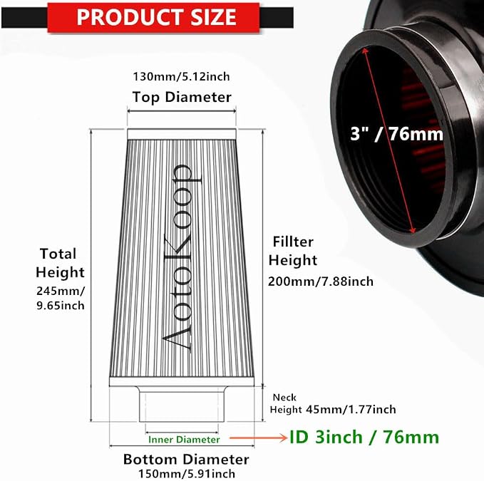 Premium Cone Air Filter, Clamp-on 3" Inlet Mesh Top High Airflow Engine - Image 3
