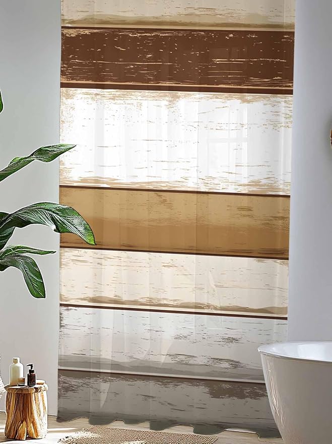 Sheer Curtains 108 Inches Long, Vintage Country Geometric Striped Privacy Voile - Image 4