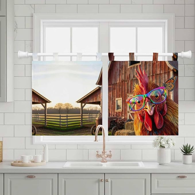 Farm Rooster Kitchen Curtains 36 Inch Length, Small Window Curtains Tab Top - Image 3