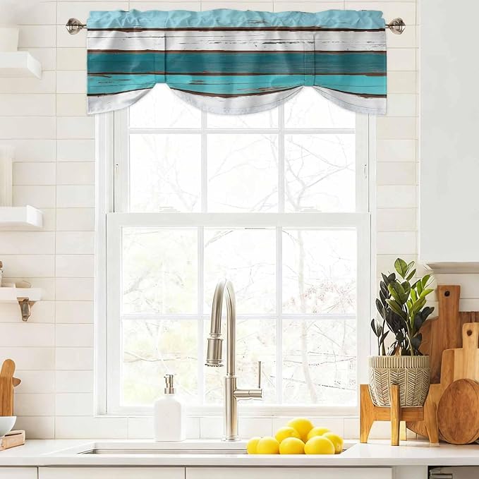 Turquoise Teal Tie Up Valance Curtains - Image 9