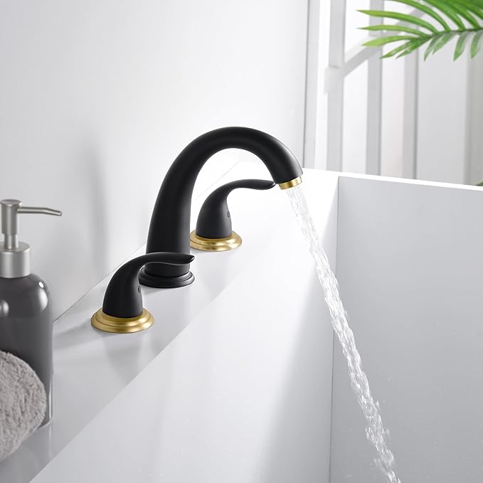 SUMERAIN 2 Handle Widespread Roman Bathtub Faucet Tub Filler with Valve, Black and Gold Finish