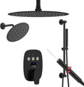 Shower Faucet Set Matte Black Shower System Temperature Display Diverter Shower Valve and 2 in 1 Handheld with Slide Bar, 12 Inch Ceiling Shower Head with 8 Inch Wall Mount Shower Head