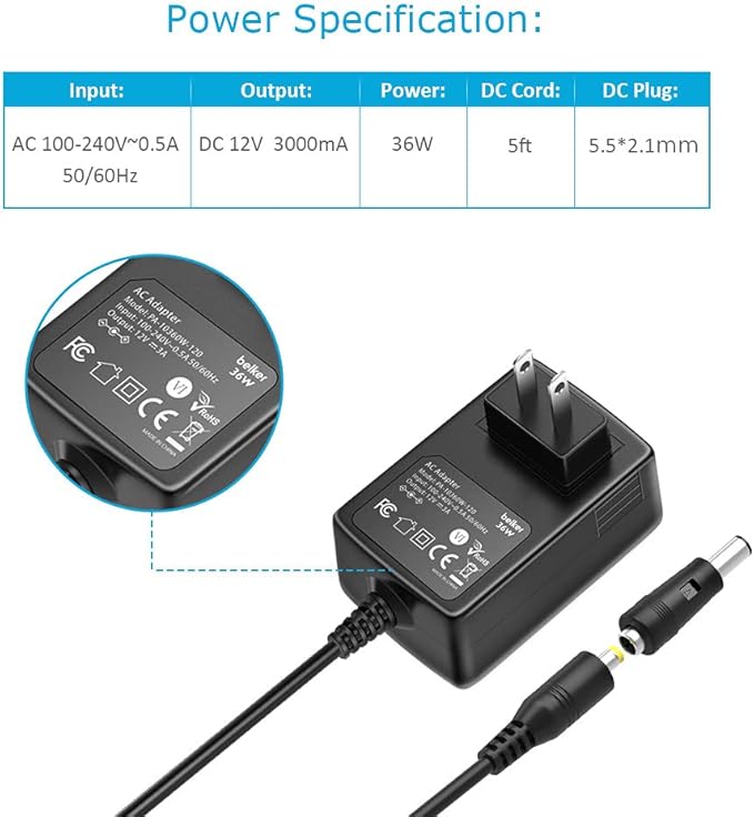 Belker 12V 3A 2.5A AC DC Power Adapter Supply Cord Wall Charger 5.5 x 2.1mm Plug - Image 3