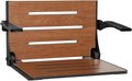 Seachrome Silhouette Comfort Folding Wall Mount Shower Bench Seat with Arms, Rustic Teak Seat with Matte Black Frame