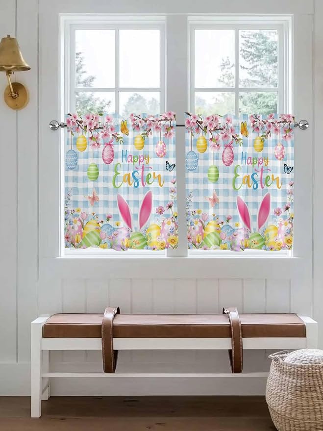 Happy Easter Half Window Curtains 24 Inches Long, Spring Watercolor Bunny Eggs - Image 4