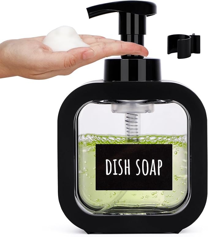 Segbeauty 10.1oz Black Foaming Soap Dispenser, 300ml Square Foam Bottle Dispenser for Bathroom, Plastic Refillable Dish Soap Dispenser for Kitchen, Shower Shampoo Hand Wash Foamer Bottle with Labels