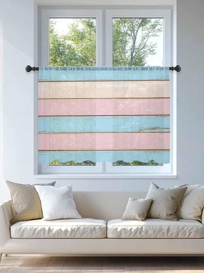 Sheer Curtains 45 Inch Length, Farmhouse Country Shabby Striped Privacy Voile - Image 4