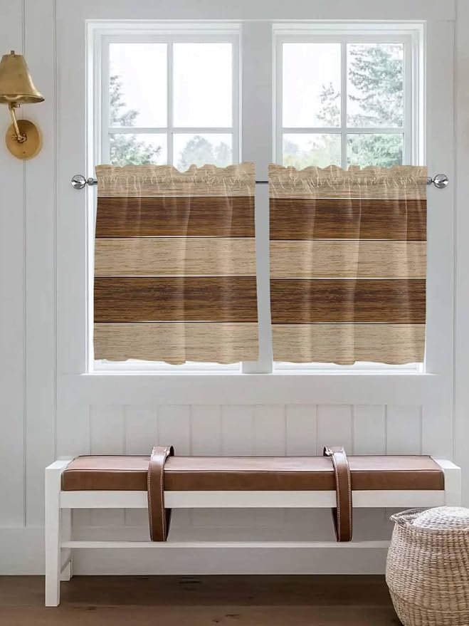 Retro Country Brown Wooden Board Window Valance Curtains, Farmhouse Gradient - Image 2