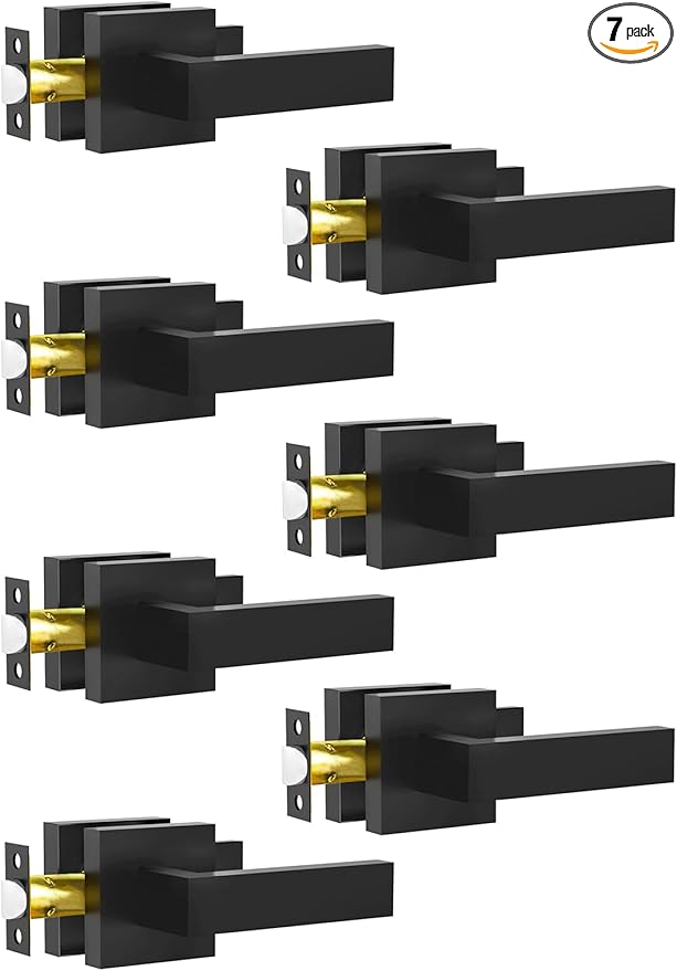 Passage Door Lever, 7 Pack Matte Black Interior Door Handles for Hallway and Closet, Heavy Duty Square Interior Keyless Door Handles Non-Locking Door Knobs for Right & Left Side Door