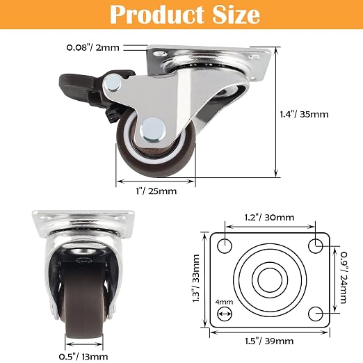 HOWDIA 1" Caster Wheels Low Profile Casters Set of 4 Heavy Duty, 360 Degree - Image 2