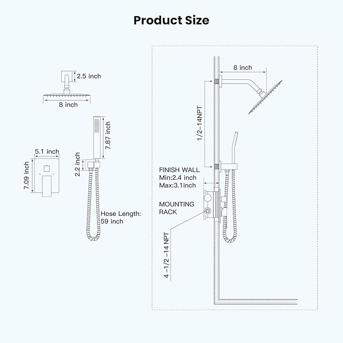 gotonovo Rainfall Bathroom Shower System Rain Shower Head and Handle Set Wall Mounted Shower Complete Combo Solid Brass Pressure Balancing Shower Mixer Valve 8 Inch Brushed Nickel