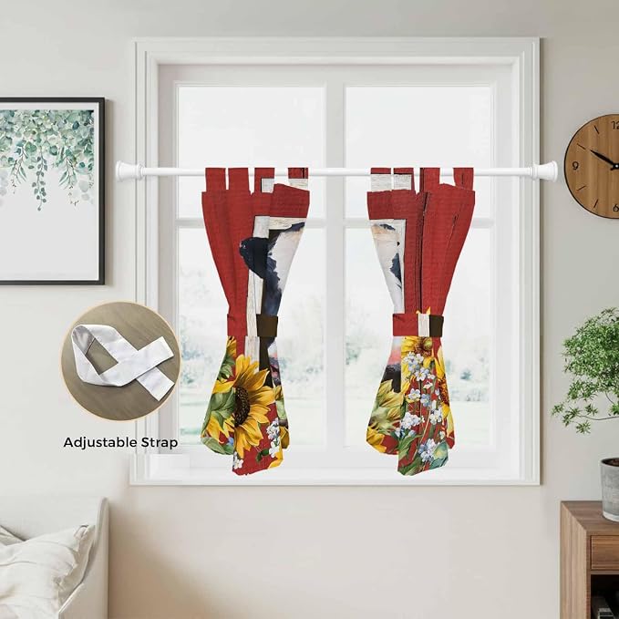 Cow Sunflowers Kitchen Curtains 45 Inch Length, Short Cafe Window Curtains Tab - Image 5