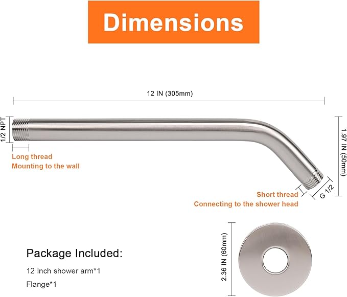 HarJue Shower Arm with Flange and Teflon Tape, Wall Mounted Shower Pipe 304 Stainless Steel Extension Arm for Fixed Shower Head & Handheld (12 Inches, Brushed Nickel)