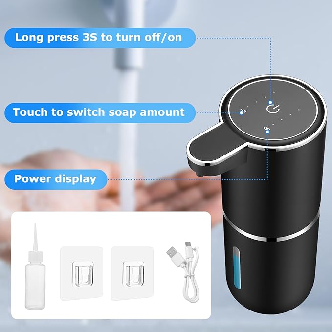 Automatic Soap Dispenser,Automatic Liquid Soap Dispenser Touchless,12.8oz/380ml USB Rechargeabled Wall Mounted Smart Soap Dispensers for Bathroom Kitchen Dish Soap(Black)