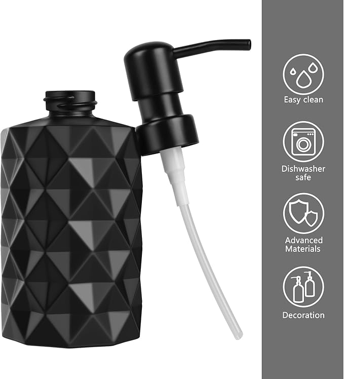 Glass Soap Dispenser with Plastic Pump, 330ml/11oz. Liquid Hand Soap Dispenser for Bathroom and Kitchen, Hand-Pump Dispenser for Dishwashing Liquid, Lotion, Soap, Essential Oil (Matte Black)
