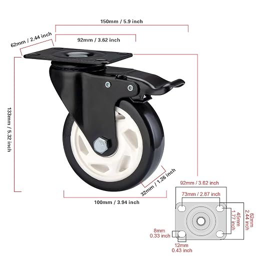 4" Swivel Casters Set of 4, Heavy Duty Locking Casters - Image 3