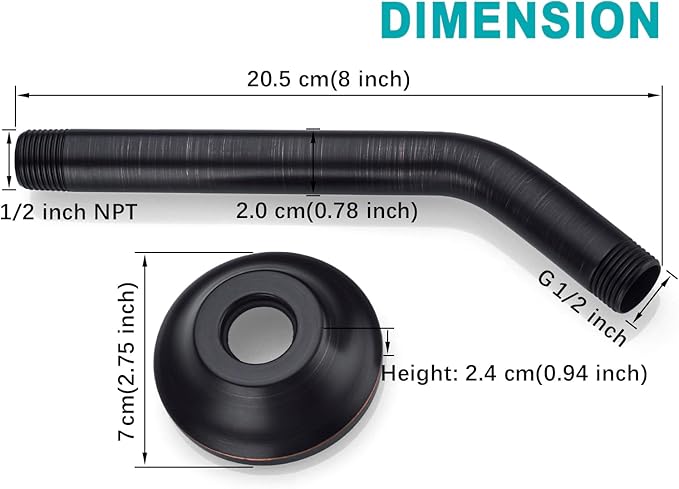 BESTILL Wall Mounted 8 Inch Shower Head Arm, Shower Arm and Flange Included, Oil Rubbed Bronze