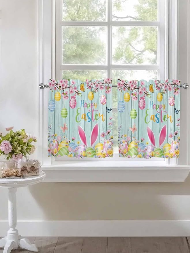 Happy Easter Half Window Curtains 24 Inches Long, Spring Bunny Eggs Flower Teal - Image 7