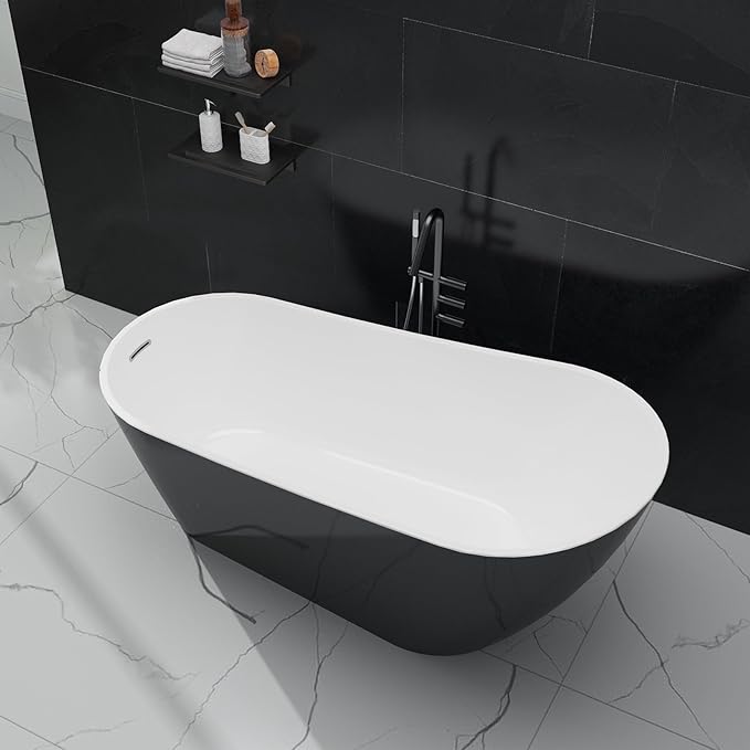 67" Deep Soaking Bathtub, Non-Slip Acrylic Tub with Chrome Drain, CUPC Certified, Ergonomic Modern Bath for Bathrooms, Easy-Install, Black Upturned
