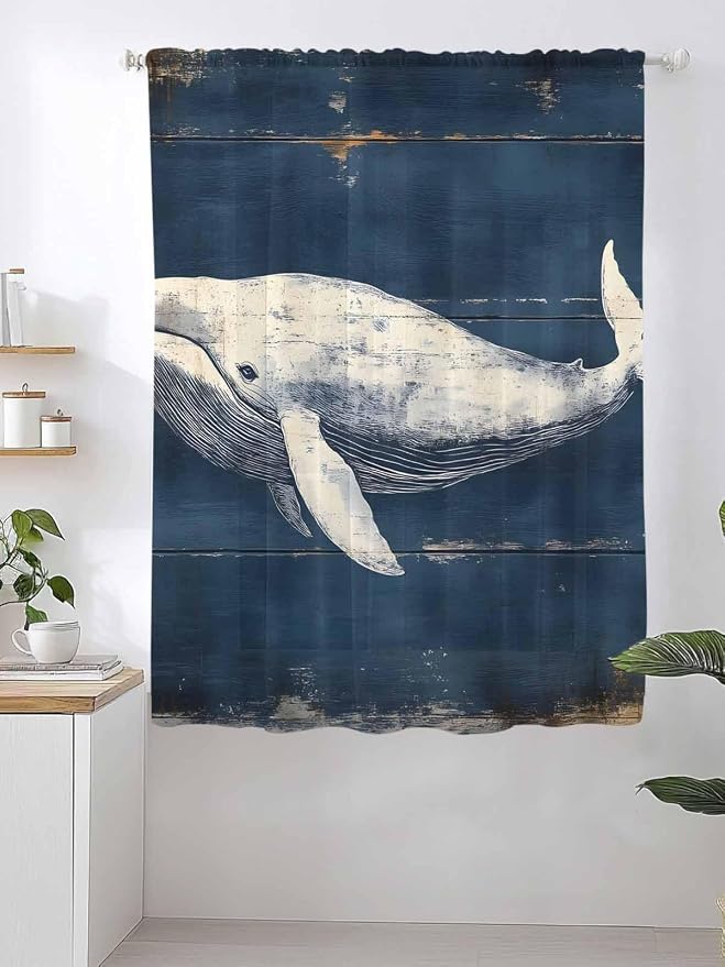 Sheer Curtains 72 Inches Long, Ocean Vintage Whale Semi Sheer Curtains Light - Image 2