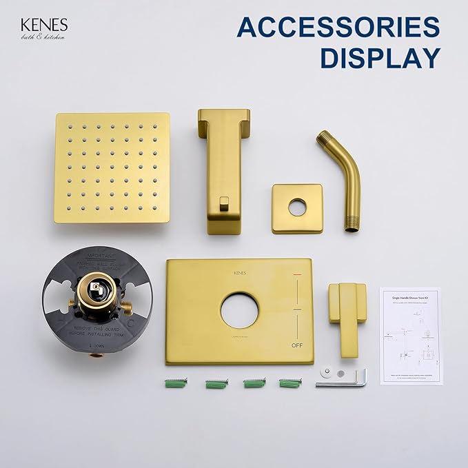 KENES Brushed Gold Tub and Shower Trim Kit, Square Tub Shower Faucet Set Complete with 6-Inch Rainfall Shower Head and Tub Spout, KE-6025A-4 (Shower Valve Included)