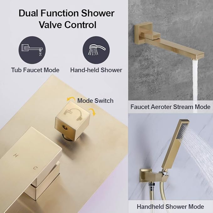 Wall Mounted Bathtub Faucet with Handheld Shower, Solid Brass 180° Swivel Bathroom Tub Filler Faucet with Hand Shower Modern Single Handle Tub Faucet Set, Brushed Gold