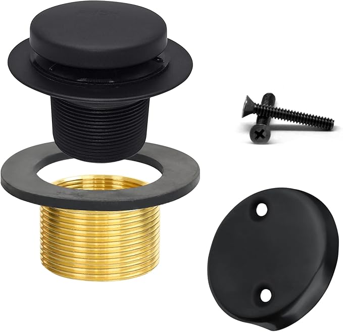 LXLTOUS Matte Black Toe Tap Bathtub Trim Set with Two-Hole Overflow Faceplate, Replacement Tub Drain Kit with 2-Hole Overflow Cover and Universal Fine/Coarse Thread, Fits 1-3/8" and 1-1/2"