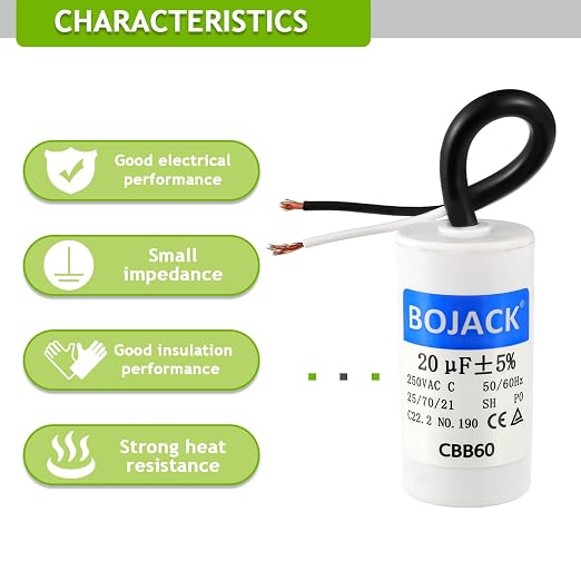 BOJACK Run Capacitor 20 uF MFD 250V AC 20 MFD CBB60 2 Wire 50/60Hz Cylinder - Image 5