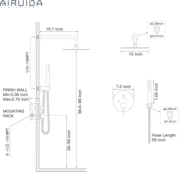 Airuida Shower Fixtures 2 Functions Shower Faucet Set Wall Mounted for Bathroom High Pressure Brass Handheld Shower with Rough-in Valve Round Rainfall 10 Inch Shower Head Brushed Gold