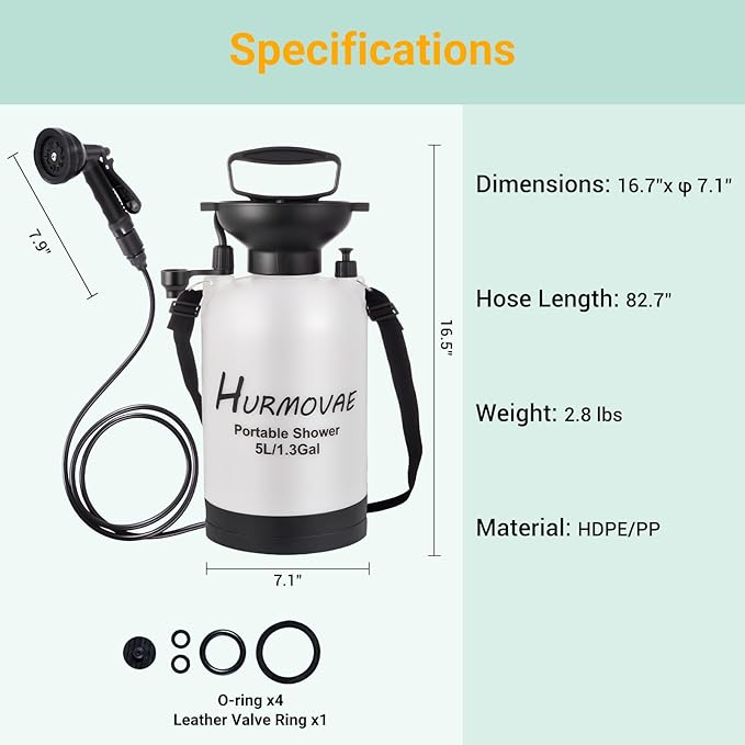 1.3 Gallon/5L Portable Shower–10 Spray Modes, Nylon Insulated Sleeve & No Electric Needed, Beach Shower for Surfing, Travel & Hiking, Portable Water Sprayer, White