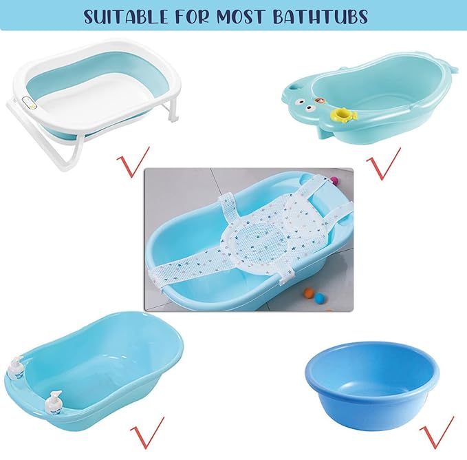 Baby Bath Seat Support Net Soft Headrest Baby Bath Cushion Pad, Breathable Newborn Infant Bathtub Shower Mesh Mat, Adjustable Shower Pad Portable Anti-Slip Bath Sling 0-18 Months, Stars (No Bathtub)