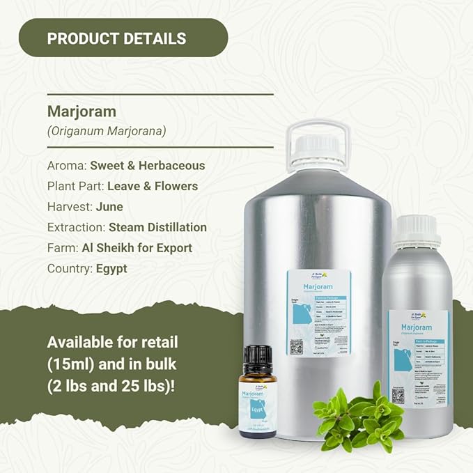 Marjoram Essential Oil - Direct from Al Sheikh for Export Egypt - Steam Distilled - Aceite de Mejorana for Aromatherapy, Massage, Diffuser, DIY Candle and Soap Making - 8oz