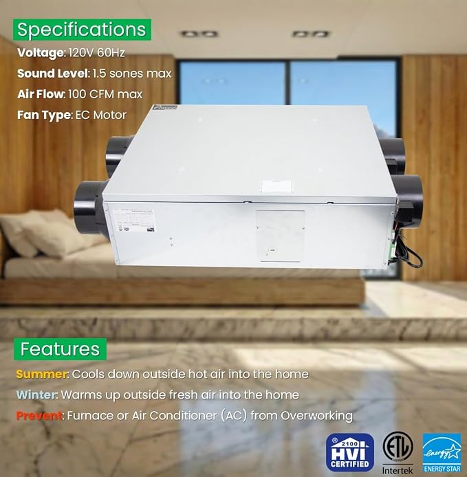 Awoco 6” Vent Energy Recovery Ventilator System Various Speeds 100 CFM - Image 3