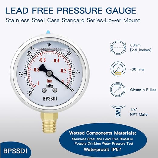 30 inHg Vacuum Silicone Oil Liquid Filled Low Pressure Gauge, 2.5" Dial Size - Image 2