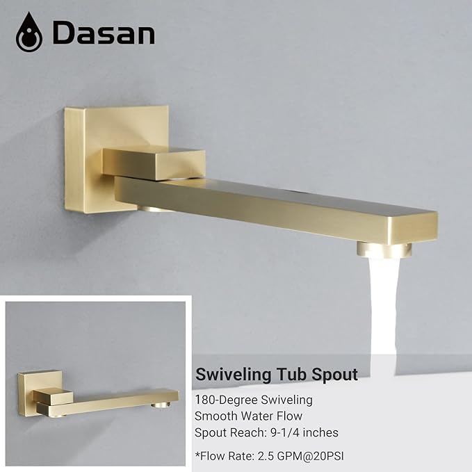 DASAN Tub Shower Faucets Sets Complete Brushed Gold Bathtub Shower System with Tub Spout, Bathtub Faucet Set Tub and Shower Faucet Combo Trim Kit with Rough-in Valve, DA-SS03BG-S10W