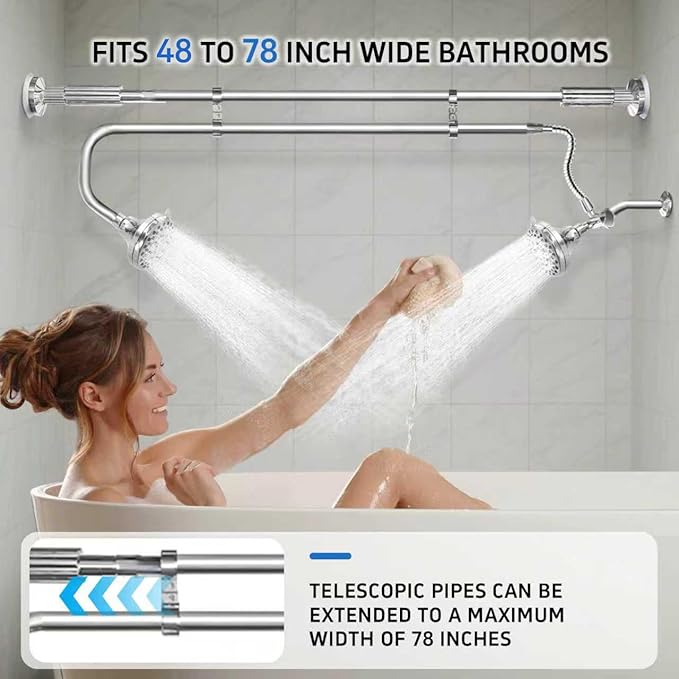 Tandem Shower Heads, Double Shower Head for Couples, Dual Shower Head System for Two People, High Pressure and Adjustable Double Shower Heads (Silver)