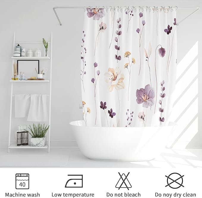 Gibelle Watercolor Floral Shower Curtain, Plum Beige Flower Shower Curtain for Bathroom, Modern Minimalist White Waterproof Fabric Shower Curtain Set 72x72 Inch