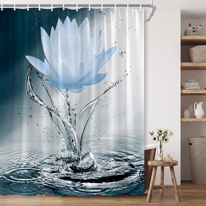 Lotus Shower Curtain Black White Blue Flower Elegant Blooming Floral with Dew Spring Flower Reflection on Water Modern Romantic Polyester Fabric Bathroom Decor 36×70 Inch with Hook