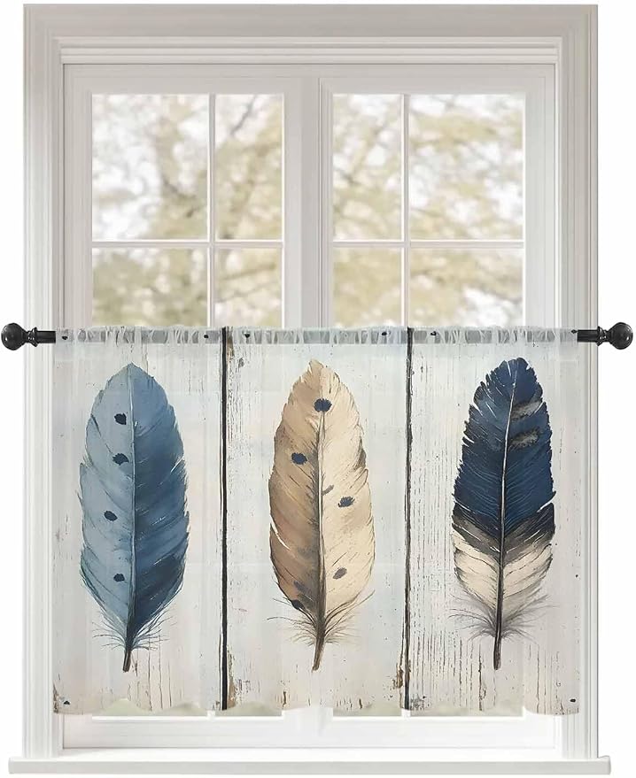 Sheer Curtains 54 Inch Length, Farmhouse Feather Semi Sheer Curtains Light by Unknown
