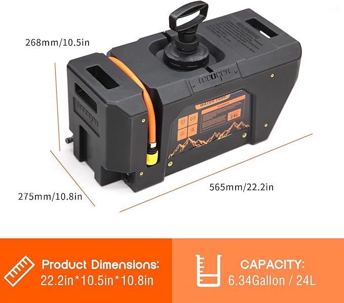 6.34Gallon/ 24L Self-Pressurized Water Tank with Hose and Sprayer, Water Storage Container Camping Shower for Overland Off-Road Vehicles, Pick-up Trucks,Outdoor Activities Water Supply