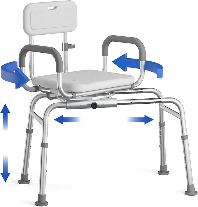 Sliding Shower Chair with Swivel Seat, Tub Transfer Bench for Elderly & Disabled, Adjustable Shower Chair with Arms & 350lb Capacity