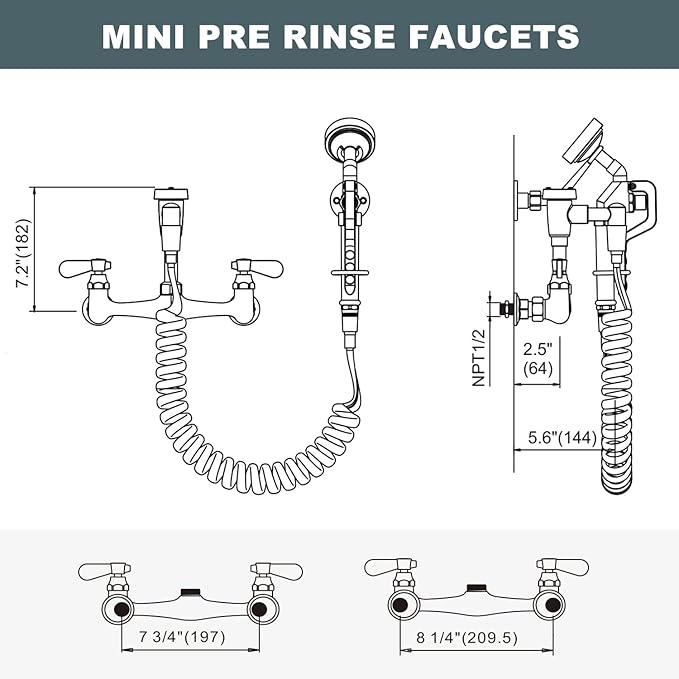 Pet Grooming Faucet, Wall Mount 8" Centers Mixing Faucet, Brass Pet Grooming Unit with Aluminum Spray Valve, Coiled Hose, Vacuum Breaker, Lever Handles for Shower Bathroom Garden Outdoors Sink