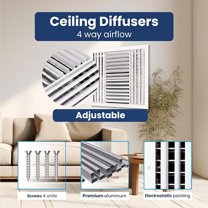 16x16 Aluminum 4-Way Air Vent Register HVAC Duct Cover Wall Ceiling Quiet - Image 4